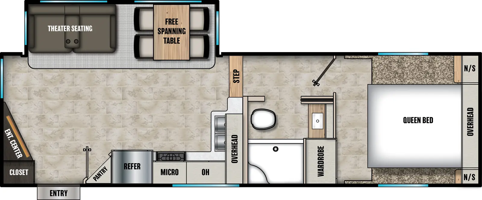 The Chaparral Lite 25RE floorplan has one entry and one slide out. Exterior features include: fiberglass exterior and 13' awning. Interiors features include: free-standing dinette option, front bedroom and rear living.